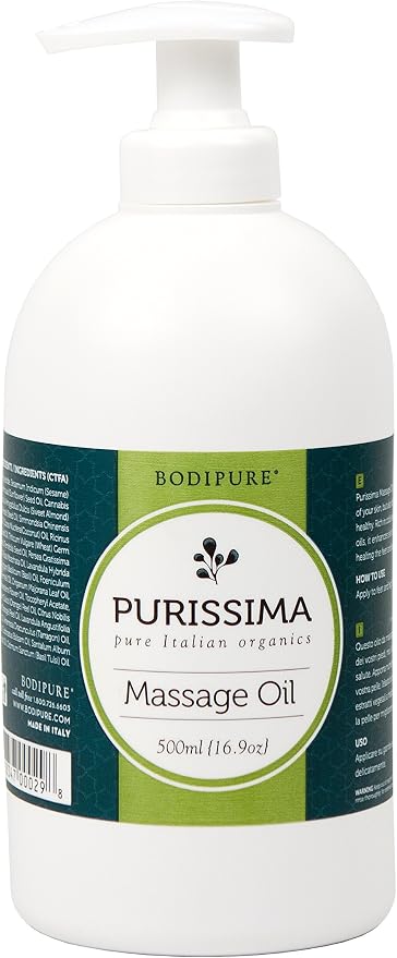 BODIPURE Organic Purissima Massage Oil for Body - for Professional Massage Therapy - Rich in Cold-Pressed Vegetable and Essential Oils - Relaxing Muscles, and Joints, Made in Italy, 16.9 Ounce