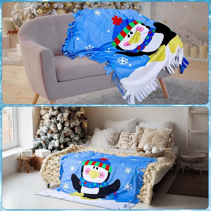 Peryiter Penguin Fleece Throw Craft Kit Soft Plush Throw Tie Blanket DIY Felt Fleece Gift for Winter Holiday Craft Fun Home Activities, 54 Inch x 54 Inch