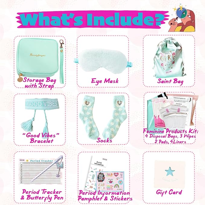 First Period kit for Girls | 23 PC Period Packs for Young Girls First Time | First Period Gift for Teen Girls with Sanitary Pad Storage Bag, Wipes, Bracelet, Eye Mask, Socks and More(Mint)