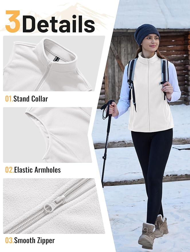 TACVASEN Women's Fleece Vest Lightweight Sleeveless Zip Jacket Outerwear | Soft Polar,Zipper Pockets,Stand Collar,Fall Winter Warm,Outdoor,Athletic,Running,Hiking,Travelling,Golf,Work
