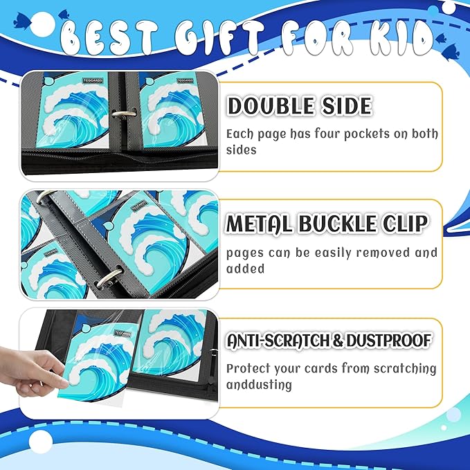 Trading Card Binder 4 Pocket,Card Binder 400 Pockets,Card Book Holder Cards with 50 Removable Sleeves,3-Ring Zip Design MTG/TCG/Sport Collectible Trading Card Albums Gifts for Boys and Girls(Water)