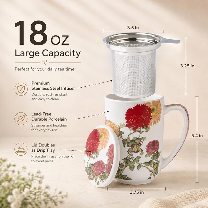 AmorArc Porcelain Tea Mug with Infuser and Lids, 18 Oz Coffee Cup Strainer with Bag Holder for Loose Leaf Tea, Steeping Coffee Mug for House-warming Wedding Birthday Gift