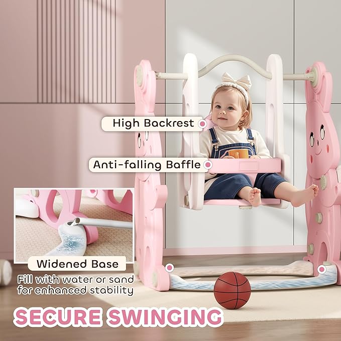 Qaba 4 in 1 Toddler Slide and Swing Set, Kids Playset for Ages 1.5-4, Rabbit Themed Children Slide Playground with Climber, Basket Hoop, for Indoor Outdoor Backyard, Pink