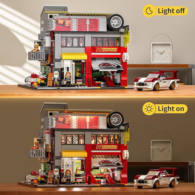 Street MOD Garage Lighting Building Bricks Set - Street Fusion City Car Modification Shop Modular Building Collection Kit 1935 Pcs for Adults & Teen & Car Lovers