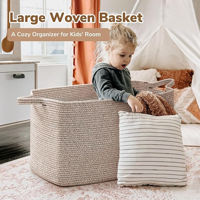 Goodpick 85L Large Woven Rope Blanket Basket, Rectangle, Brown | 23.6'' x 15.7'' x 13.8'' Storage Basket for Blankets, Toys & Clothes, Living Room & Bedroom Organization, Reinforced Handles