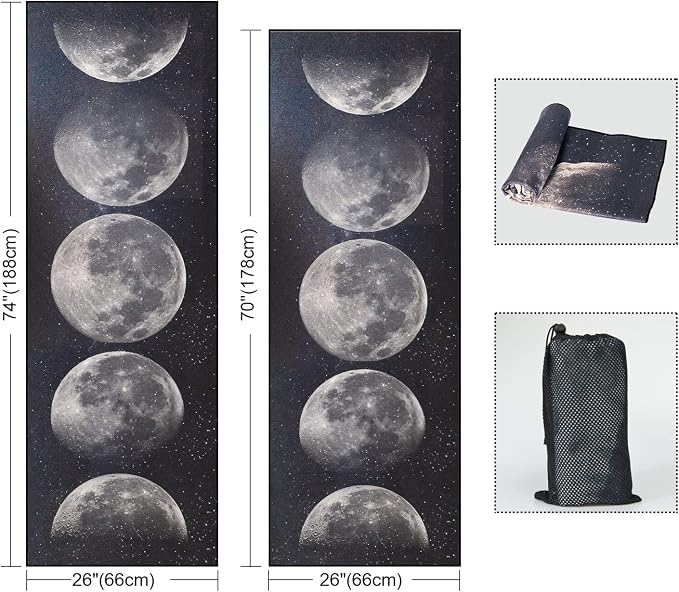 QiyI Yoga Mat Towel with Corner Pockets, Non Slip Sweat Absorbent Hot Yoga Towels, Soft Yoga Blankets with Travel Bag, Skidless Mat Cover for Workout, Gym, Fitness - 74"x26", Moon Cycle