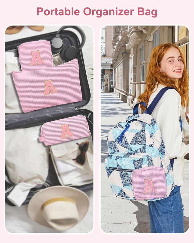 MONSTINA Personalized Initial Makeup Bag|Toiletry Bag for Women,Make Up Case for Girlfriend Bridesmaid Wife,Birthday Gift for Her Cute,3PCS,Pink C