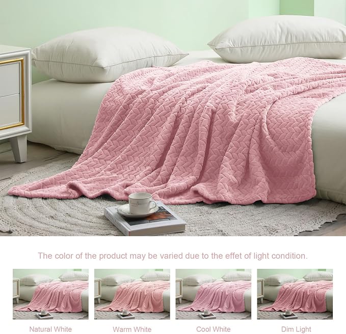 Exclusivo Mezcla Soft Fleece Bed Blanket Twin Size, 60”x80”, Pink | Cozy Fluffy Lightweight Blankets for Summer, Decorative Plush Flannel Throws for Living room, Bedroom with Leaves Pattern