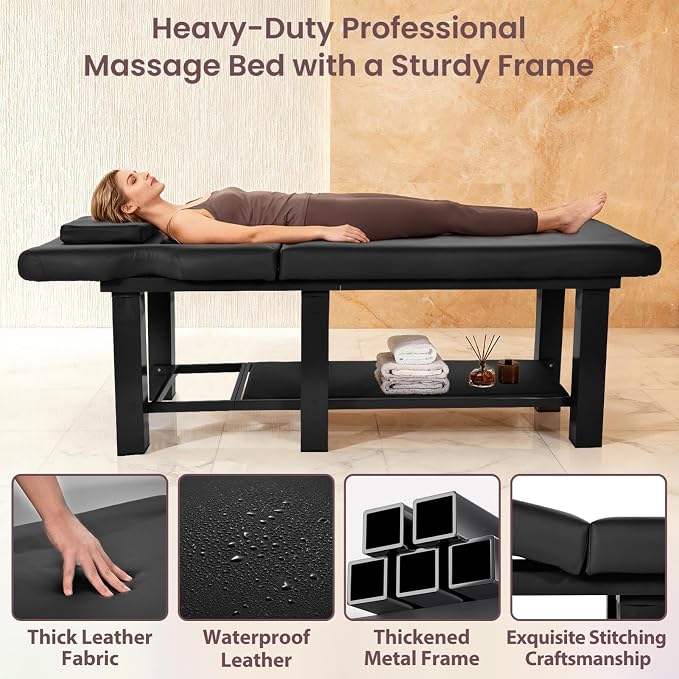 Professional Stationary Massage Table with Backrest, Adjustable Thick Foam Spa Massage Beds,Metal Frame PU Leather 27.55'' Wide 72.83'' Long Heavy Duty Bed for Massages, Hairdressing, Spas(Black)