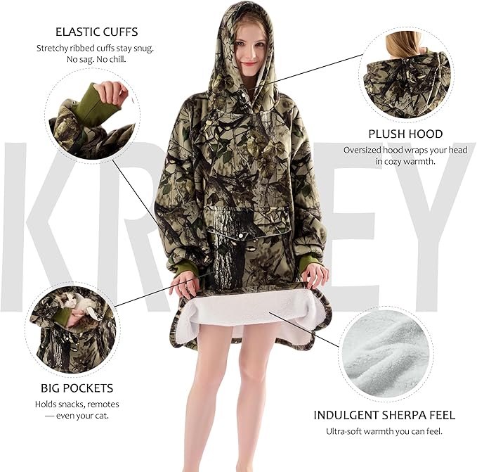 Krifey Wearable Blanket Hoodie, Oversized Sherpa Fleece Sweatshirt with Giant Pocket, Birthday Gifts for Women, Mom, Sister