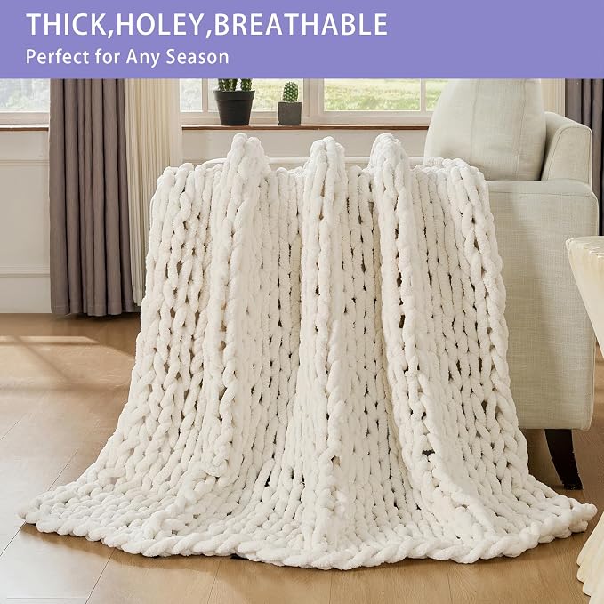 Bigacogo Chunky Knit Throw Blanket for Couch, 40x80 inches, Vintage White | Hand Knit with Jumbo Chenille, Soft Breathable Cable Knit for Sofa Bed Living Room, Machine Washable, Gift for Mom Friend