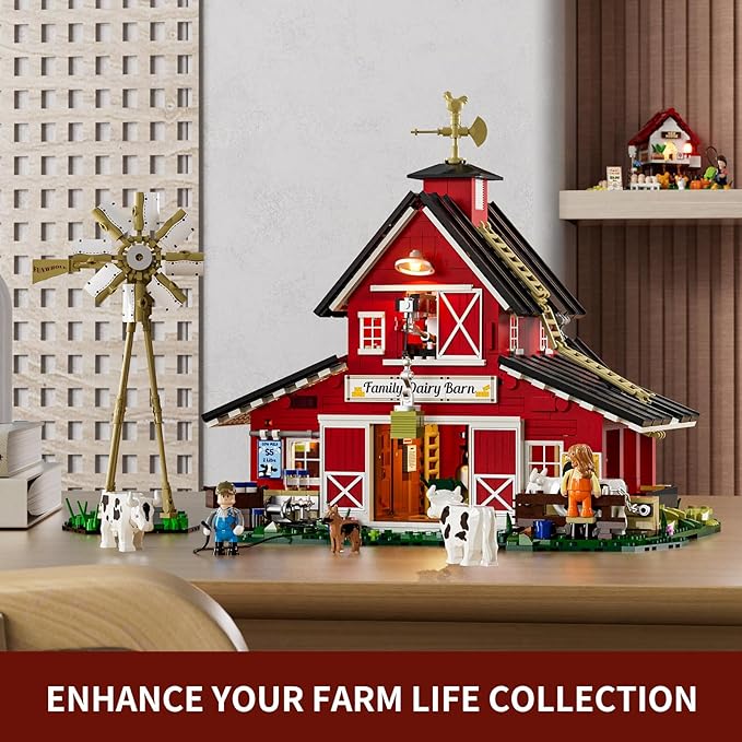 FUNWHOLE Farm Cow-Barn Lighting Building-Bricks Set - Farm Life Cow Barn House Collection LED Light Building Construction Set 1368 Pcs for Adults and Teen