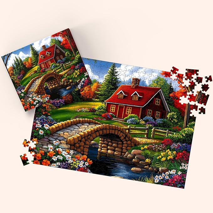 Puzzles for Adults 500 Pieces, Nature Landscape Jigsaw Puzzles - Cottage in Bloom, Impossible Nature Landscape Puzzle for Seniors Families, 20.47x14.96 Inches, 1:1 Poster, Letter On The Back