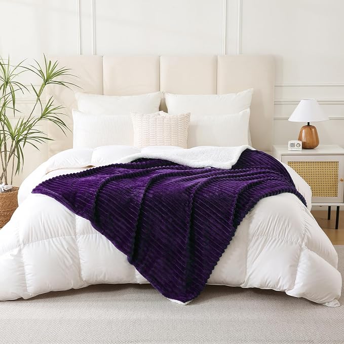 Purple Sherpa Fleece Throw Blanket 50”×60” for Couch Sofa Bed | Double Side Soft Fuzzy Cozy Plush Thick Flannel Blanket with Striped Design Gift for Adults,Woman