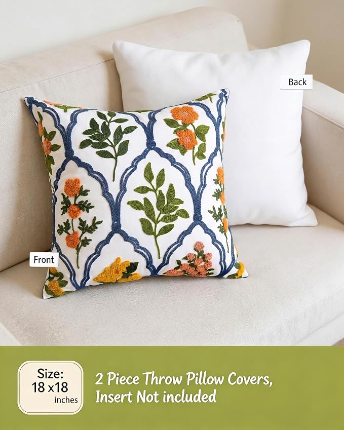 Alysheer Spring Summer Floral Embroidered Decorative Throw Pillow Cover 18"x 18" Set of 2, Orange Flowers Embroidery Patterned Multicolor Cushion Case for Sofa Couch Living Room Bedroom Outdoor