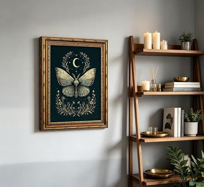 Vintage Gold Framed Celestial Moth Crescent Moon Wall Art Gothic Moody Ethereal Butterfly Picture Wall Decor Dark Botanical Insect Picture Canvas Print Mystical Witchy Poster Artwork for Living Room