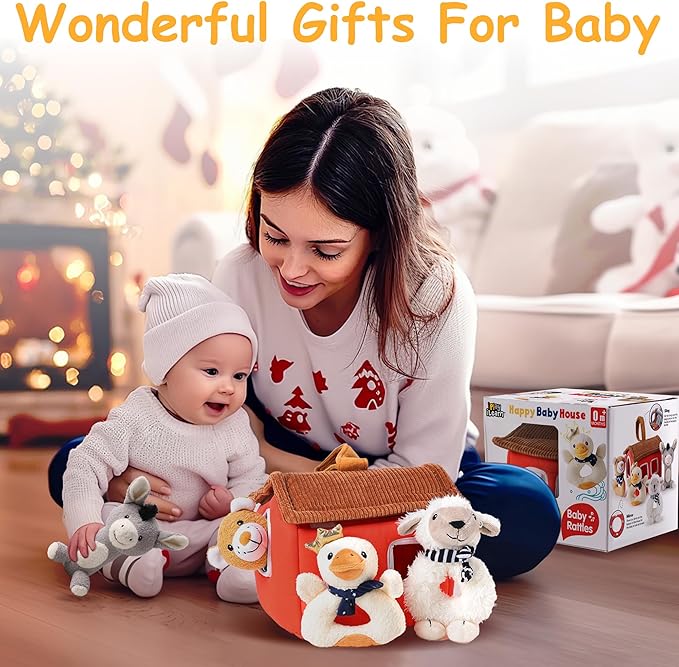 iPlay, iLearn Baby Toys 3 6 12 Month Newborn Gifts, Infant Soft Farm Stuffed Animal Rattles Plush Barn, Boy Girl Stuff, Valentine's Basket Stuffer, Sensory Hand Development Toy 0 2 4 7 9M 1 Yr - Farm