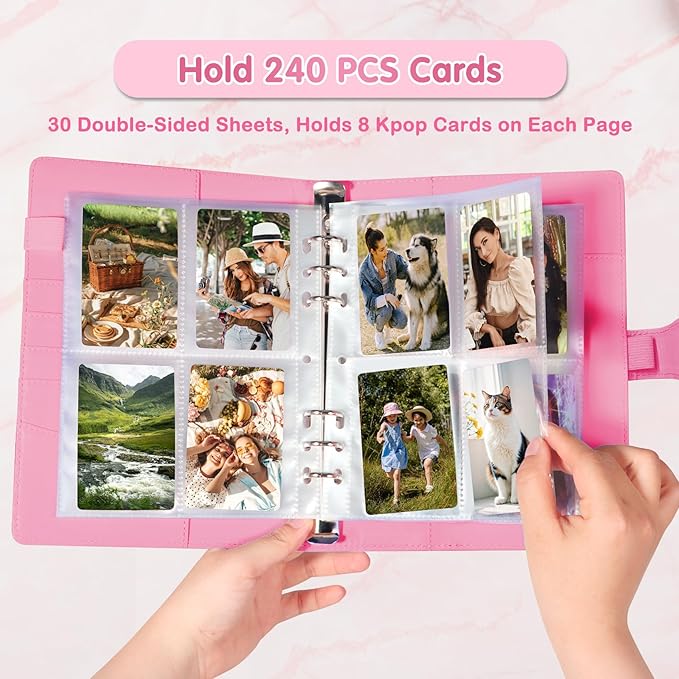 A5 Kpop Photocard Binder, PU Leather 6-Ring Album with Magnetic Closure, Includes 30 Pack 4-Pocket Pages for 240 Cards, Card Holder for Trading and Collectible Cards (Rose)