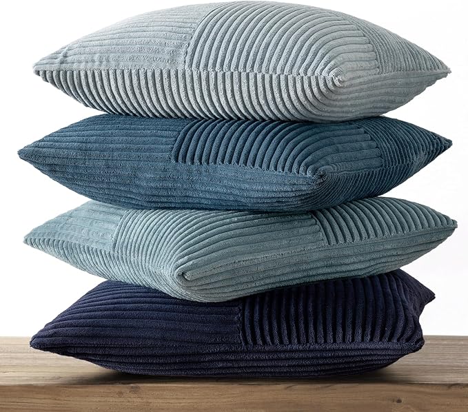 MIULEE Dusty Blue Navy Farmhouse Throw Pillow Covers 16x16 Inch Set of 4 Boho Patchwork Gradient Cushion Cases Western Modern Pillow Cases Corduroy Home Decor for Couch Sofa Living Room Bed