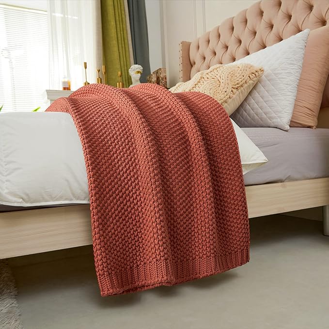 Chunky Cable Knit Throw Blanket Lightweight Rust 100% Organic Cotton Blanket for Sofa Couch Bed Baby Nursery, Rustic Shabby Chic Modern Farmhouse, 51” x 63” Give Laundering Bag