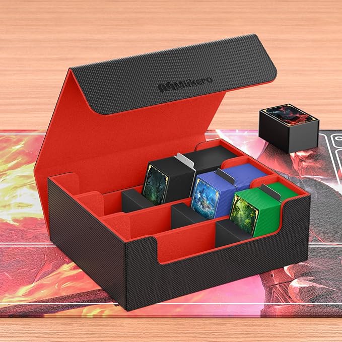 Mlikero Card Deck Case, 1800+ Trading Card Storage Box with 10 Dividers and 3 Foam Stoppers, Leather Magnetic Closure Commander Deck Box Fit for YuGiOh, MTG and Sport Cards(Black&Red)
