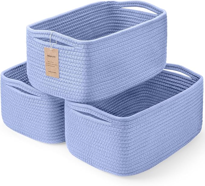 3 Pack Small Storage Baskets for Organizing, 11.8×7.8×5.1", Sky Blue | Woven Baskets for shelves, Cotton Rope Basket for Gifts Empty, Closet Organizer Bins with Handles, Cube Decorative Box