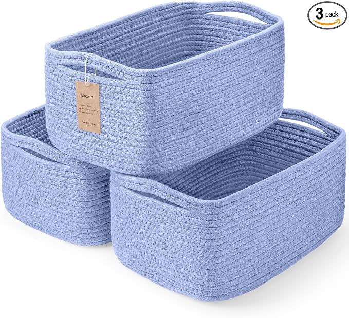 3 Pack Storage Baskets for Organizing, 13.7×9.5×6.3", Sky Blue | Woven Baskets for Shelves, Cotton Rope Basket for Gifts Empty, Closet Organizer Bins with Handles, Cube Decorative Box