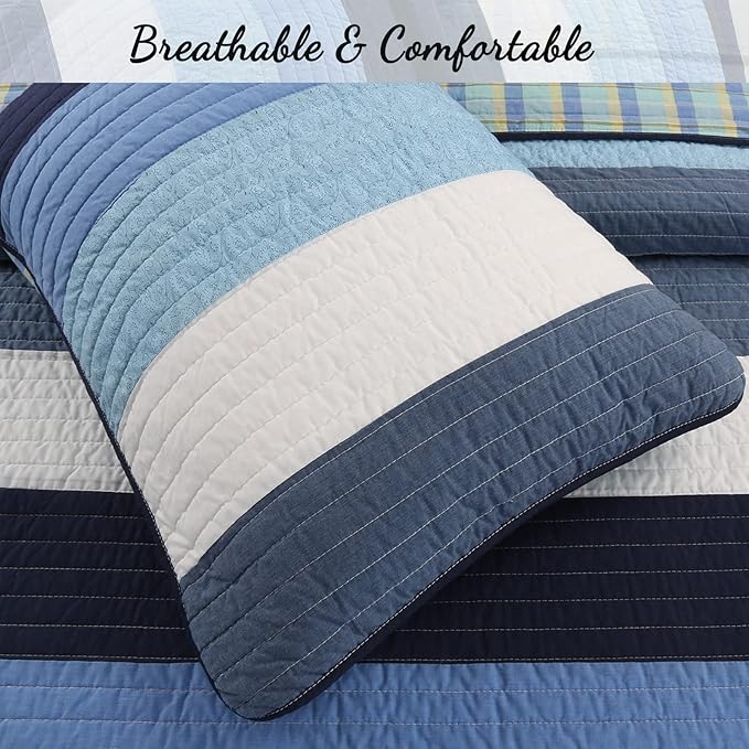 Cozy Line Home Fashions Navy Blue Striped Boy 100% Cotton Reversible Quilt Bedding Set, All-Season Coverlet Bedspread (Preston, Queen - 3 Piece)