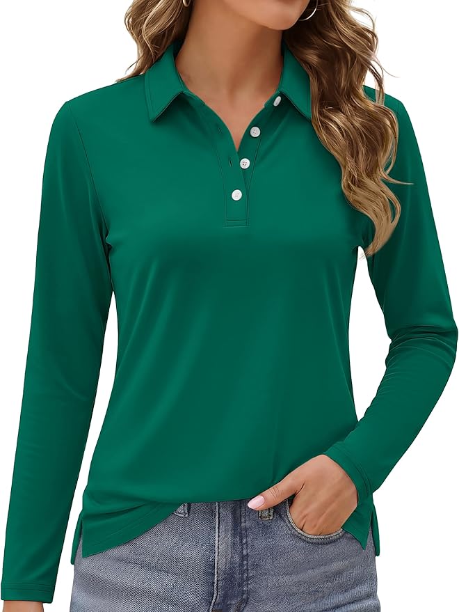 MAGCOMSEN Long Sleeve Polo Shirts for Women Golf Tops with Collar Work | UPF 50+ Sun Protection, 4 Buttons, Moisture Wicking, Breathable, 4-Way Stretch, Collared, Quick Dry, Active, Casual, Tennis