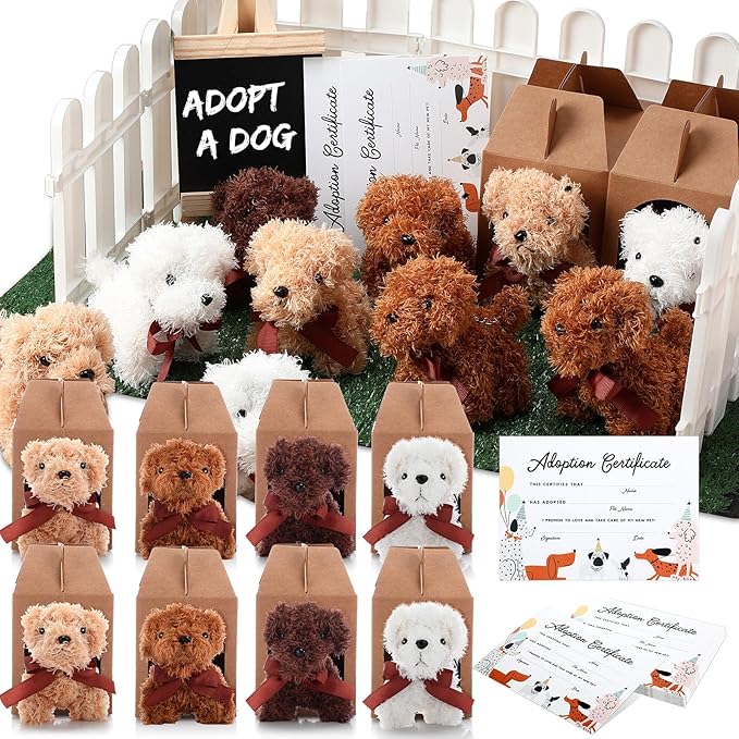 84 Pcs Adopt a Pet Party Favors 24 Mini Plush Stuffed Animals 10 White Plastic Fence 24 Paper Gift Boxes 24 Adoption Cards with Mini Chalkboard and Artificial Lawn(Puppy)