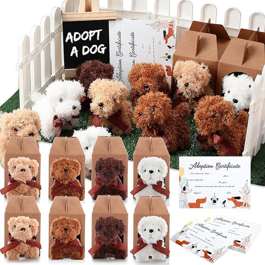 84 Pcs Adopt a Pet Party Favors 24 Mini Plush Stuffed Animals 10 White Plastic Fence 24 Paper Gift Boxes 24 Adoption Cards with Mini Chalkboard and Artificial Lawn(Puppy)