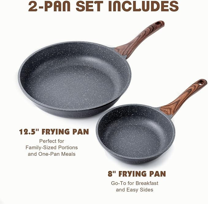 SENSARTE Nonstick Frying Pans, Grey(8+12.5 Inch) | Swiss Granite Coating, Free of PFOA&PFOS, Compatible with All Stoves Including Induction Cooktops, Easy to Clean