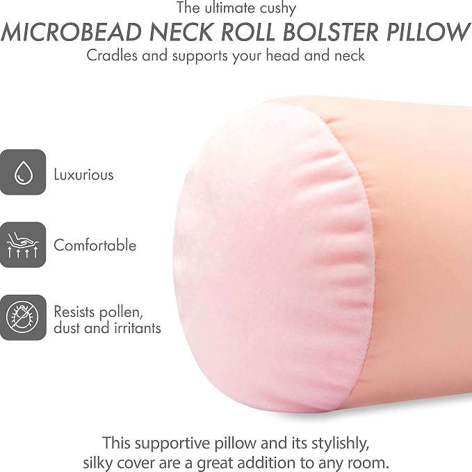 Microbead Bolster Neck Roll Pillow, Gently On Body, Head, Neck & Shoulders No Pain Rest, Relax Sleep - Silky Feel Prevent Wrinkles & Hair Breakage - Lightweight Cylinder Tube, 14" x 8", Cream Peach