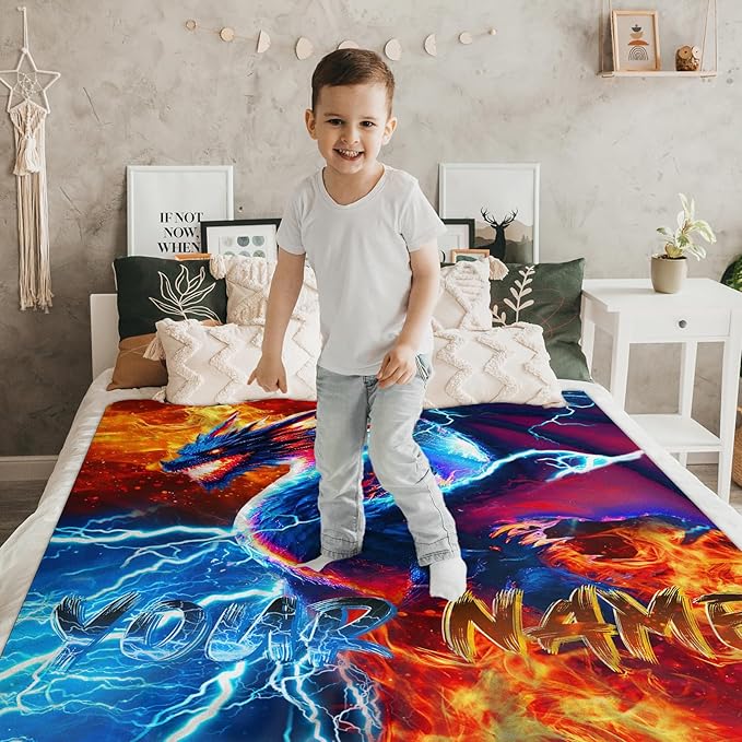 Boys Dragon Blankets Gift Personalized Throw Blankets for Kids Teens - 40x50 Inches Lightweight Soft All Season Cool Decor Custom Throw for Sofa Chair Bed Office