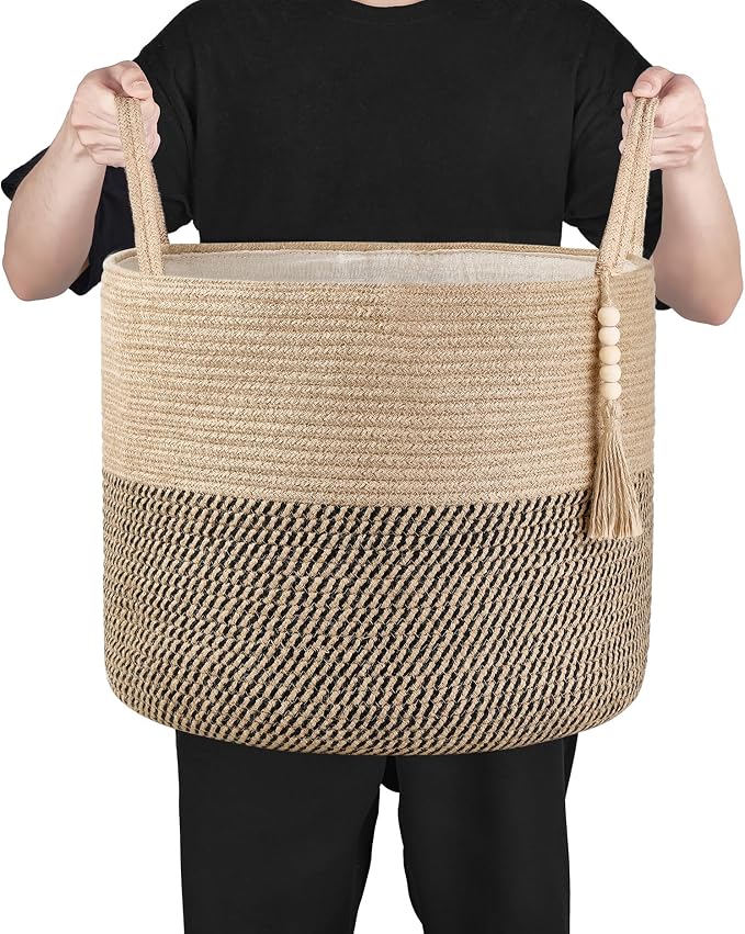 Mkono Woven Storage Basket for Blanket, Toys Plant Organizer, 16"W x 13.8"L | Yellow and Black, Decorative Basket with Handle, Wood Beads Tassel, Shoes Clothes Storage Bin, Living Room Bedroom Nursery