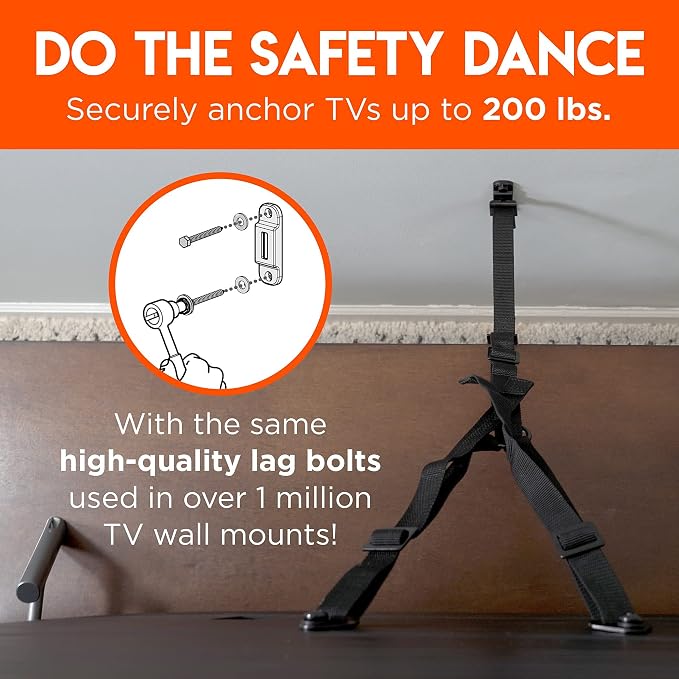 ECHOGEAR TV Safety Straps for Big TVs – Heavy-Duty Anti-Tip Anchors for TVs Up to 90” – Secure to Wall or Furniture – Pre-Assembled for Easy Baby Proofing & Earthquake Protection
