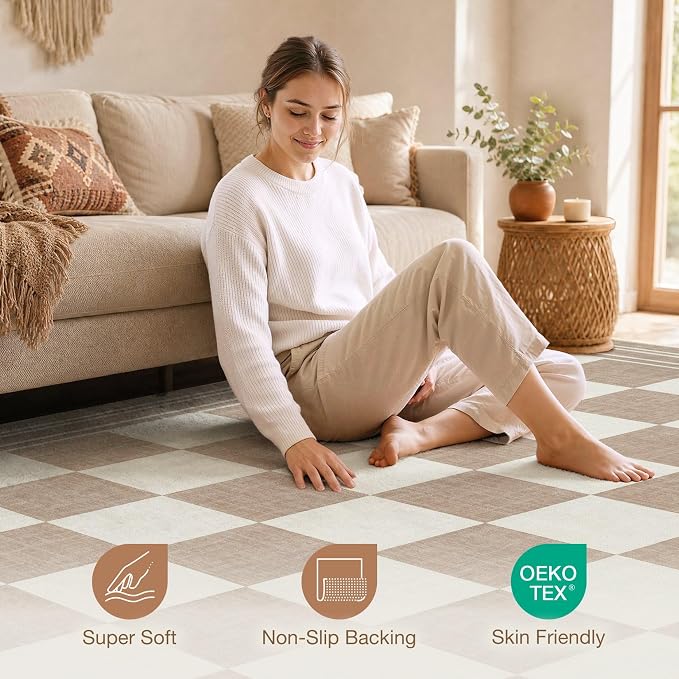 cotiled Washable Area Rugs 6x9 Living Room | Non Slip Backing, Stain Resistant, Pet Friendly, Large Neutral Soft Indoor Carpet For Bedroom, Nursery, Office, Khaki/Brown