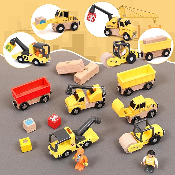 Atoylink 15PCS Kids Wooden Construction Toys with Magnetic Train Cars, Gantry Crane Bulldozer Roller Tow Truck Construction Site Vehicles Playset Gifts for 3 4 5 6 Year Old Toddlers Boys