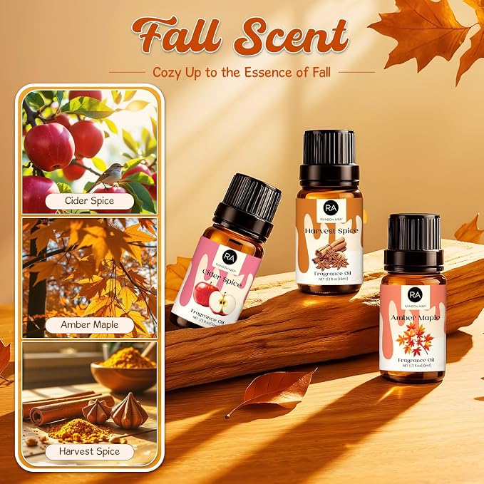 RAINBOW ABBY Fall Fragrance Oils Set, Autumn Essential Oils for Diffuser, Candle Making, Aromatherapy Oils Gift - Amber Maple, Cider Spice, Harvest Spice, Bourbon Vanilla, Forest Pine, Citrus Glow