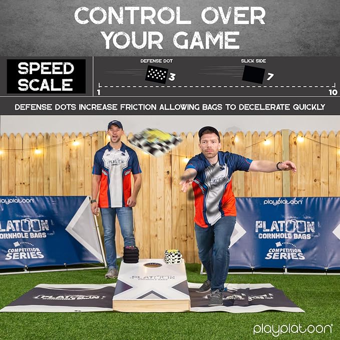 Play Platoon Competition Series Cornhole Bags Set of 8 Regulation Professional Weight Double Sided Slick and Stick with Rubber Sticky Dot Slow Side for Pro Corn Hole Bean Bag Toss Game-Designed in USA