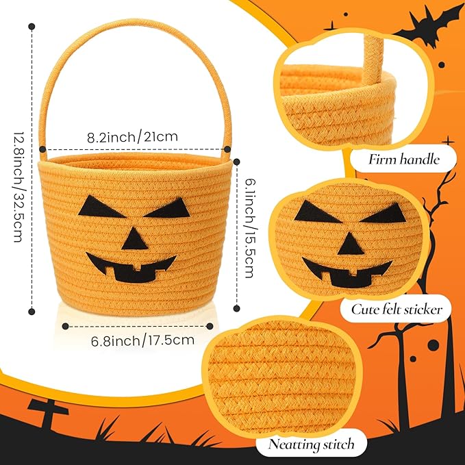 Halloween Basket with Handle Cute Bucket Cotton Rope Woven Candy Server Bag Pumpkin Witch Cat Pig Storage Basket for Halloween Party Favor(Bucket Pumpkin,Orange,1 Pack)
