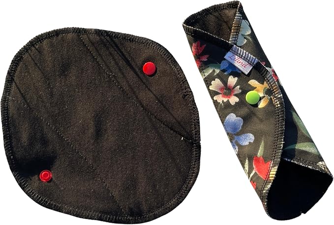 Lilind® 6 Pack Everyday Black Pantyliners, Organic Cloth Pads, Reusable Menstrual Sanitary Napkins, 100% Cotton, Random Flowers