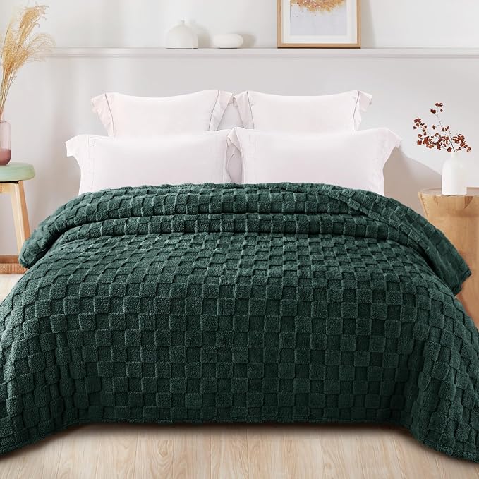 Exclusivo Mezcla 3D Checkered Fleece Twin Blanket for Bed, Green | Super Soft and Cozy Fluffy Bed Blanket, Cute Fuzzy Blanket for Teens Back to School, Dorm Essentials, All Season, 60"x80"