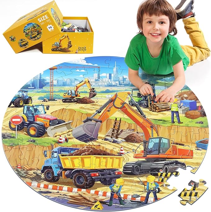 Floor Puzzles for Kids Ages 4-6, Large 70 Piece Construction Puzzles for Kids Ages 6-8 with Excavator Bulldozer Forklift Dumper Truck, Building Site Educational Toy Gifts for Boys Girls Children