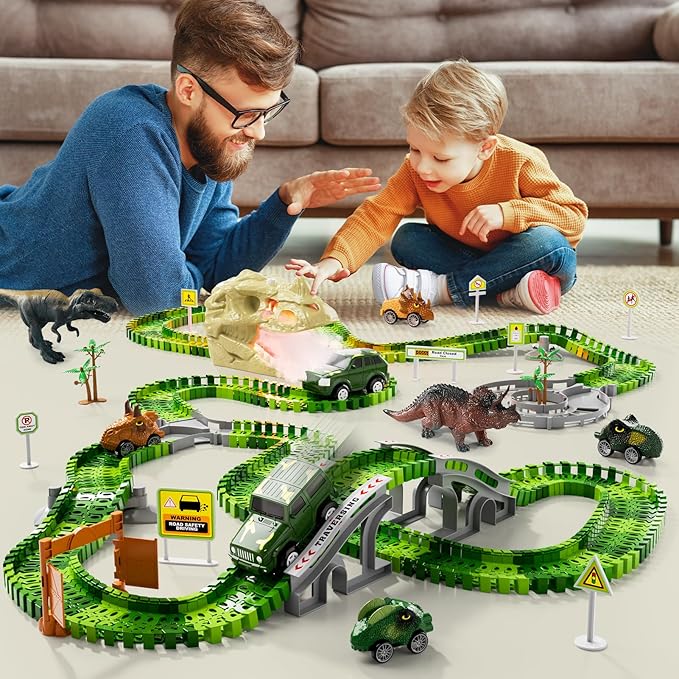 iHaHa 249 PCS Dinosaur Toys Race Car Track, Toys for Kids Toddler Boys Ages 2-4 3-5 4-6, Kids Race Tracks with Light, Sound & Spray, Birthday Dinosaur Gifts for 2 3 4 5 Year Old Boys