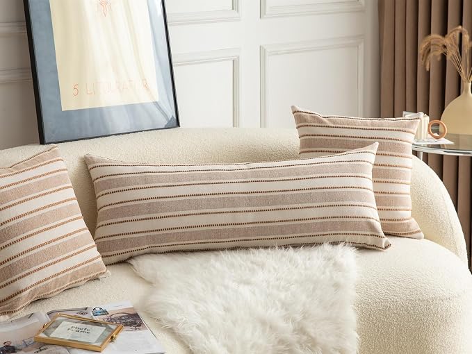 Cethom Decorative Boho Lumbar Pillow Covers, Modern Farmhouse Couch Pillowcase, 14 x 36 Long Accent Body Throw Pillow Covers, Sofa Bed Living Room Decor Cushion Case, Brown and Beige, Pack of 1