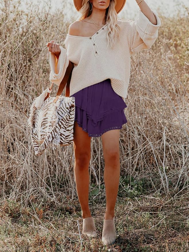Flowy Shorts for Women Casual Boho Ruffle Tiered Skorts High Waist Mini Skirts Golf Tennis Crochet Shorts
