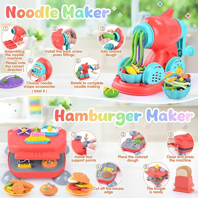 WeeHomm 4 in 1 Color Dough Set Kitchen Creations with Ice Cream/Cake/Noodle/Hamburger Maker Machine, Arts Crafts Play Food Toys Tools Kit for Boys Girls Kids Toddlers Ages 3+ , 24 Dough