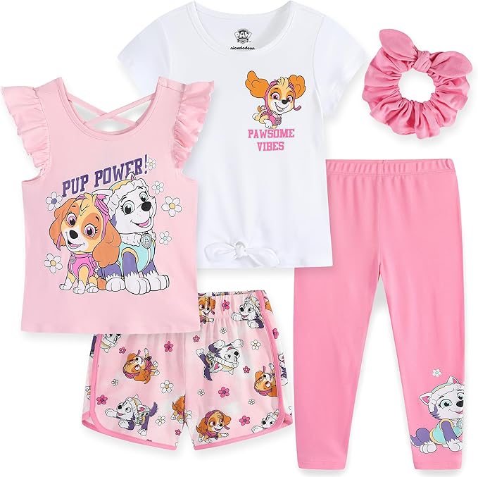 Paw Patrol Nickelodeon Girls Mix and Match 5 Piece Outfit Set with Tops, Leggings, Shorts & Scrunchie for Toddler and Big Kid