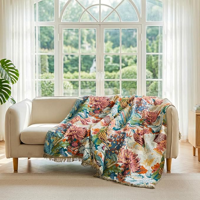 LUTBM Boho Throw Blanket for Bed 60"x80", All Season Cotton Couch Blankets | Reversible Botanical Floral Jacquard, Lightweight Breathable Twin Quilt, For Chair Sofa Living Room Bedroom, Home Decor